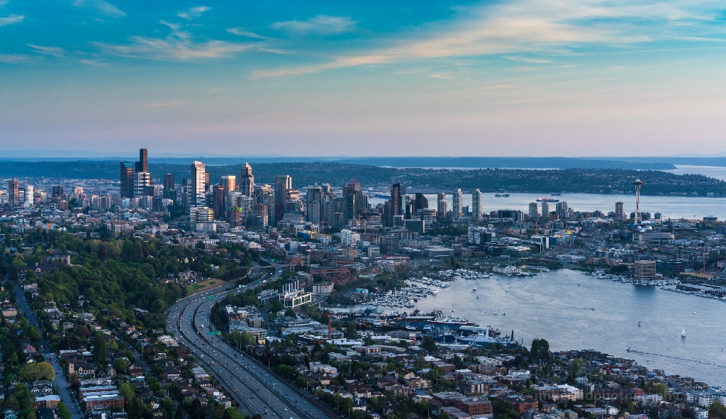 Aerial Interstate 5 and Seattle